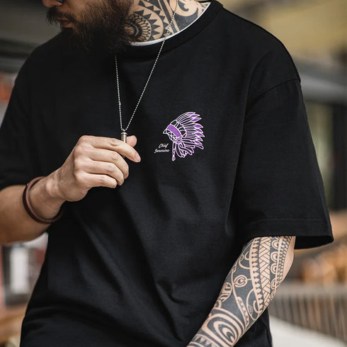 Vintage Indian Print T-Shirt – Black Cotton Loose Fit Summer Tee